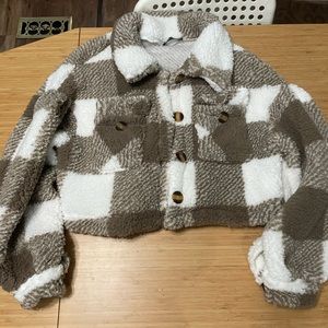 Shein Buffalo plaid drop shoulder flap pocket teddy jacket small